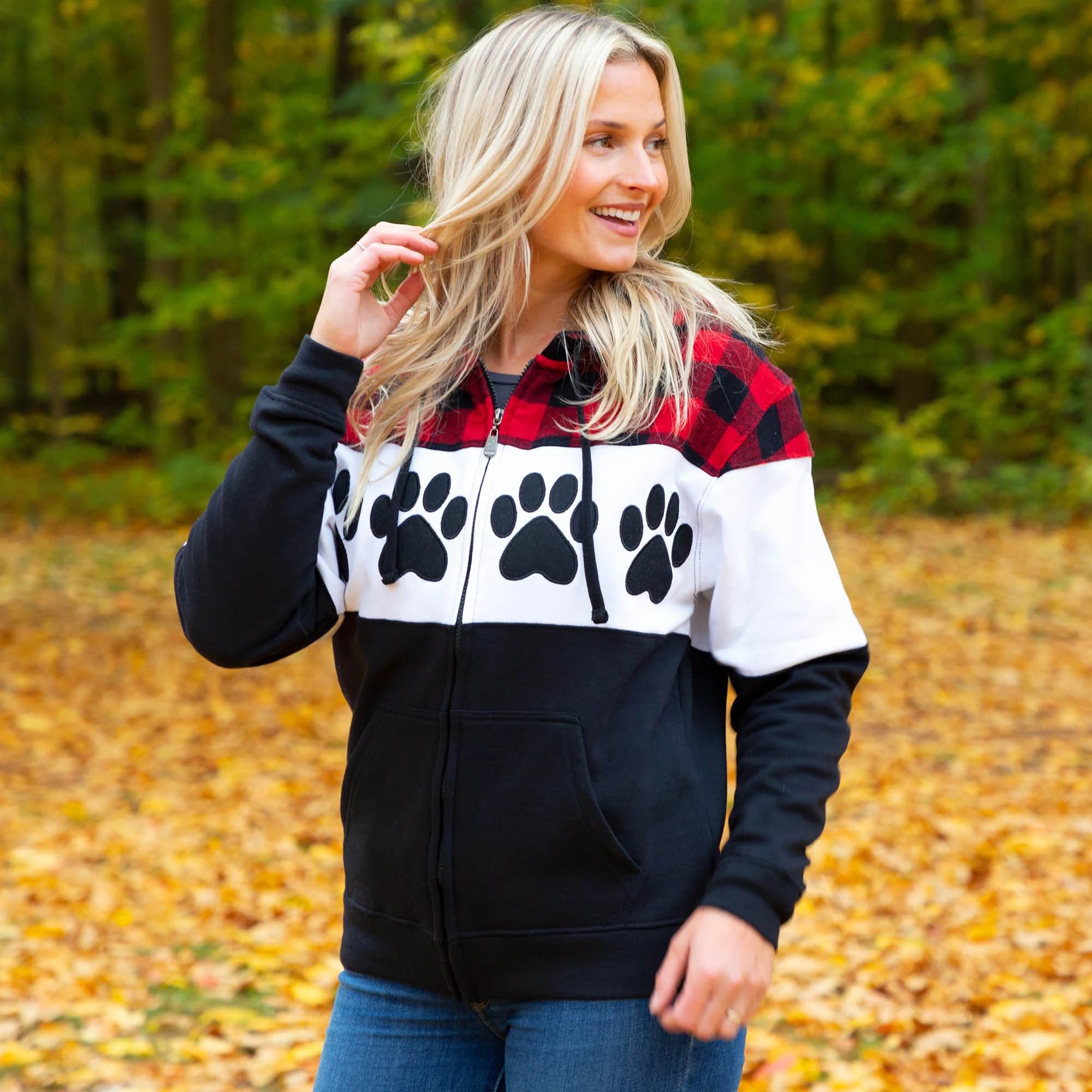 Paw Print Plaid Zip Hoodie - Red - Paw Print - S