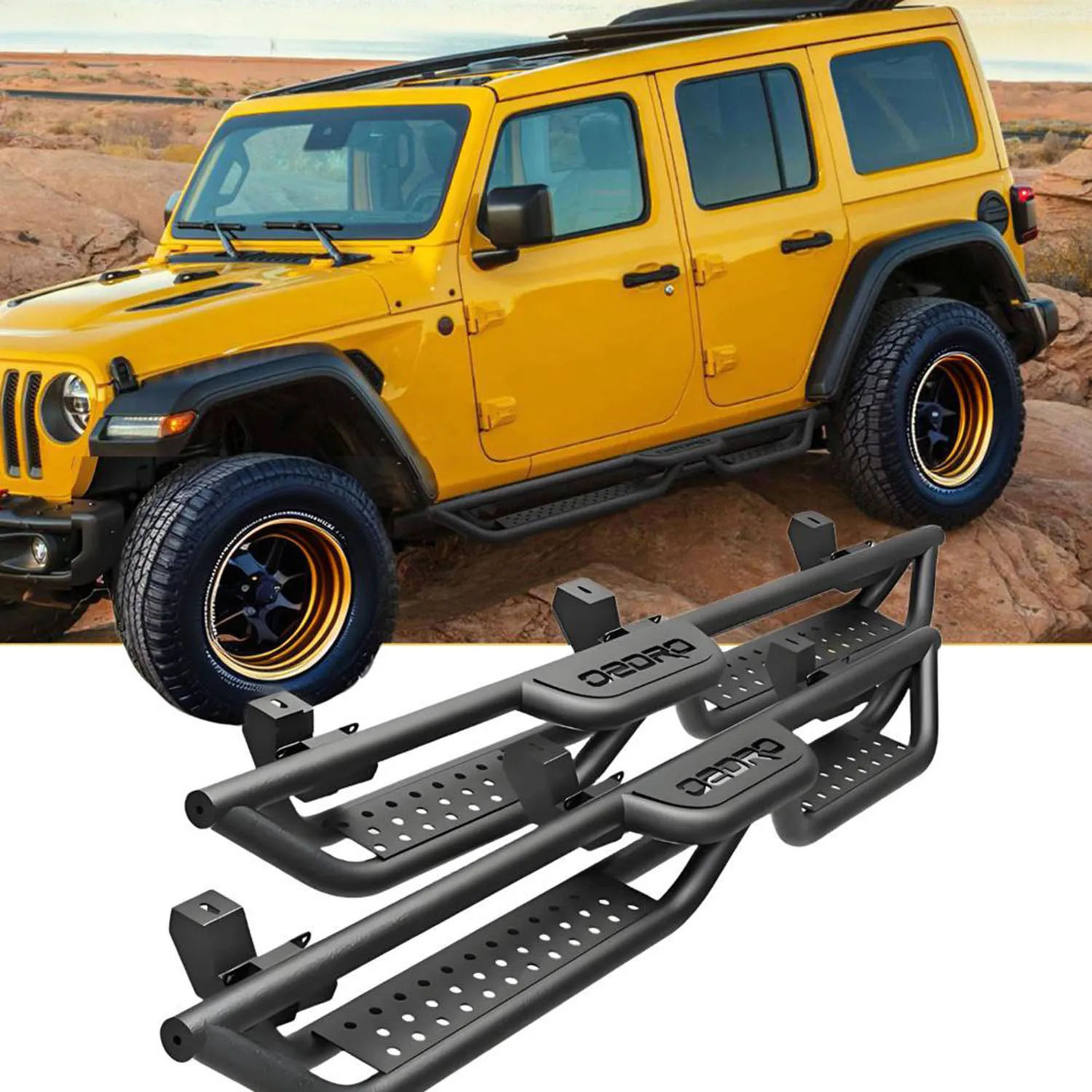 OEDRO Running Boards for 2018-2026 Jeep Wrangler JL Unlimited 4 Door Side Steps, Heavy-Duty Black Powder Coated Two Stairs Design Nerf Bar