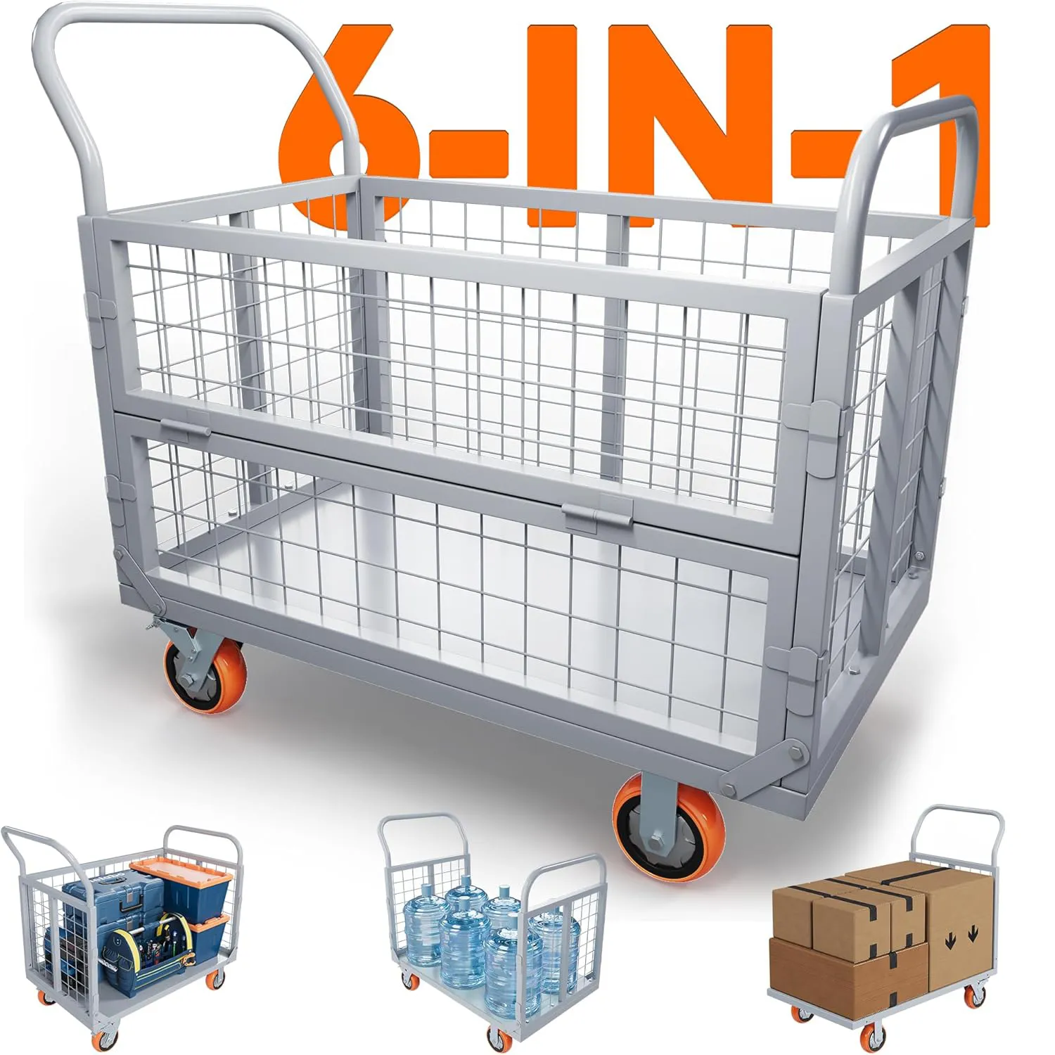 YITAMOTOR 2000 LBS Folding Platform Cart with Cage, 6-in-1 Heavy Duty Utility Cart with 6" Swivel Casters, Flatbed Hand Truck Dolly