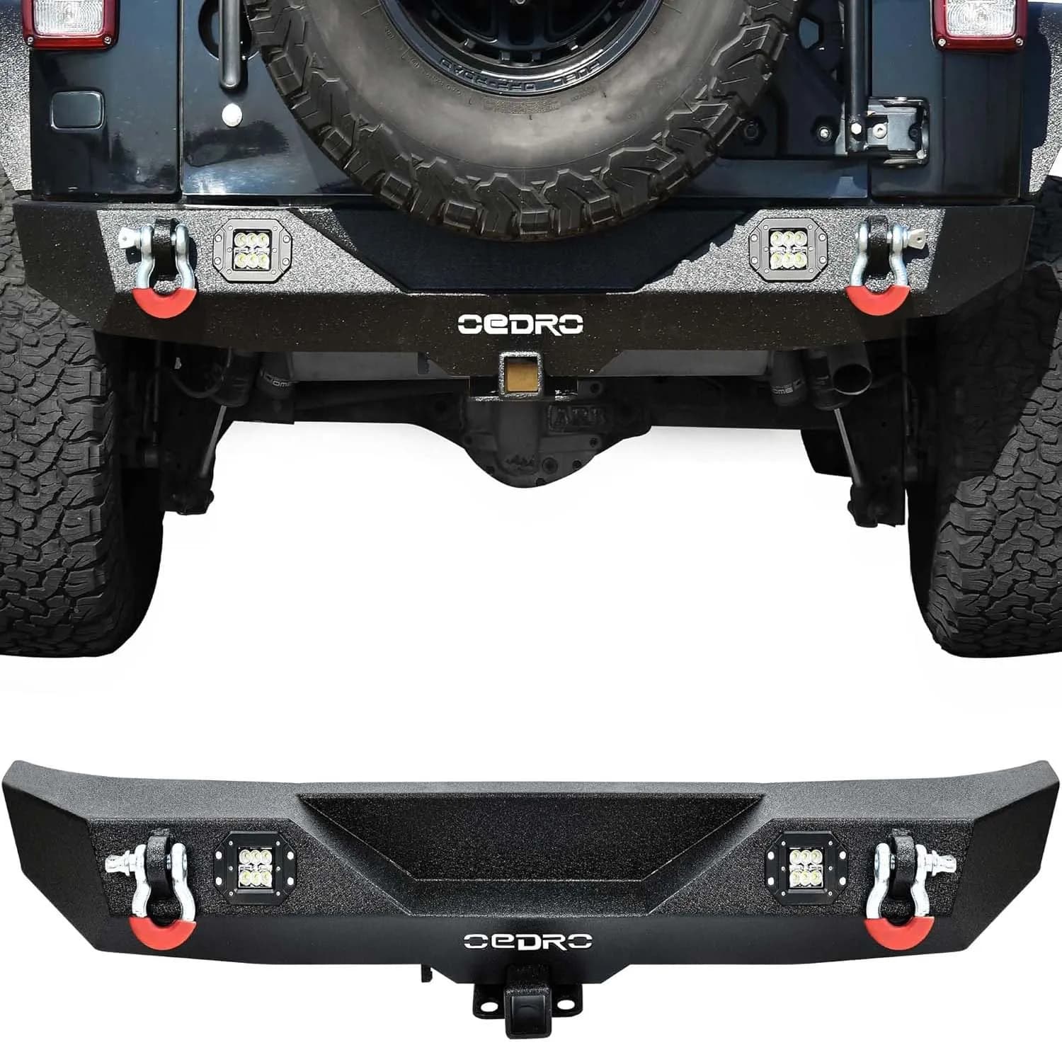 OEDRO Rear Bumper for 2007-2018 Jeep Wrangler JK & Unlimited with 2" Hitch Receiver & 2 D-ring & 2x Square LED Lights
