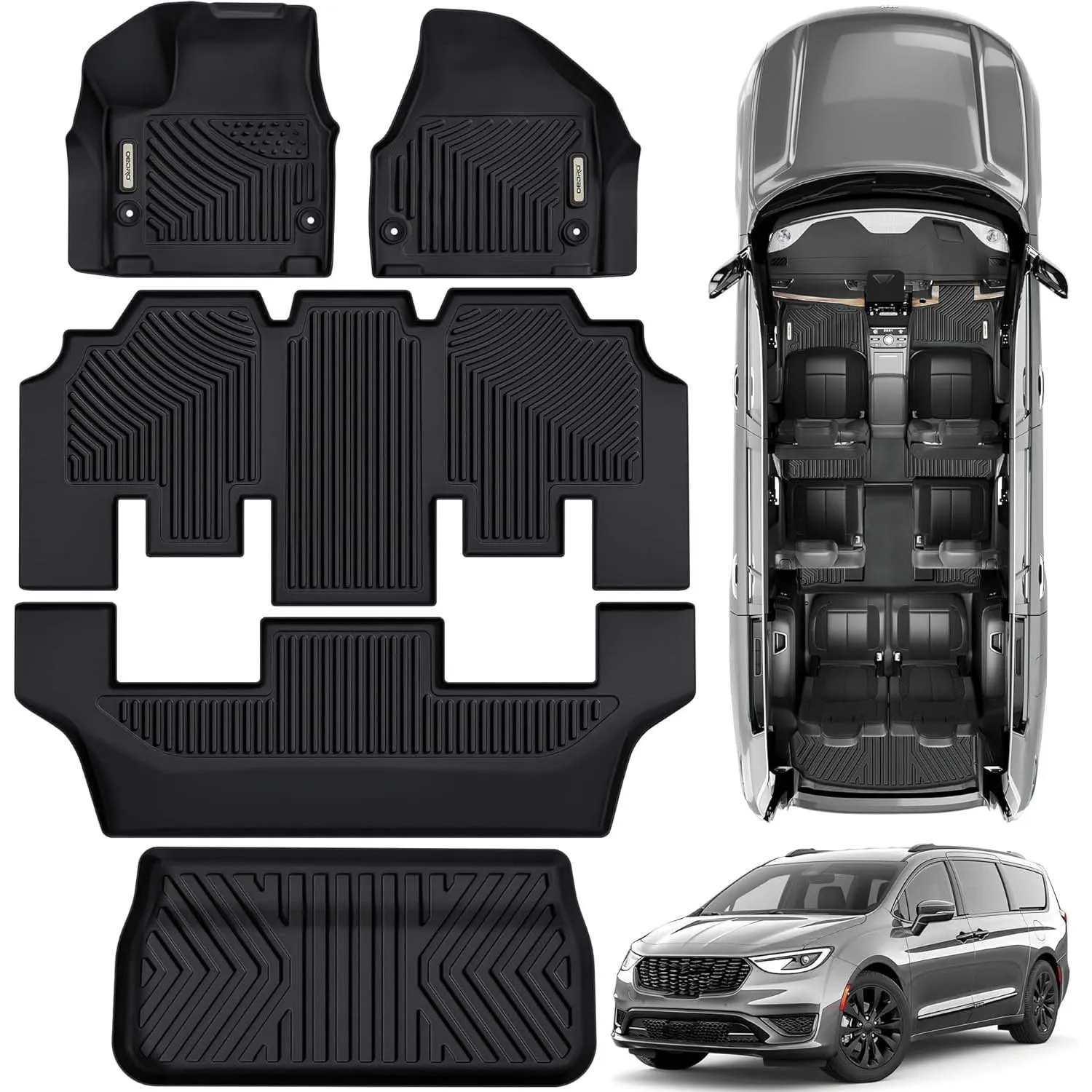Floor Mats & Cargo Mat Fit for Chrysler Pacifica 2017-2026 (No Hybrid Models), Fit 7 and 8 Passenger Model, 3D All-Weather TPE Floor Liners