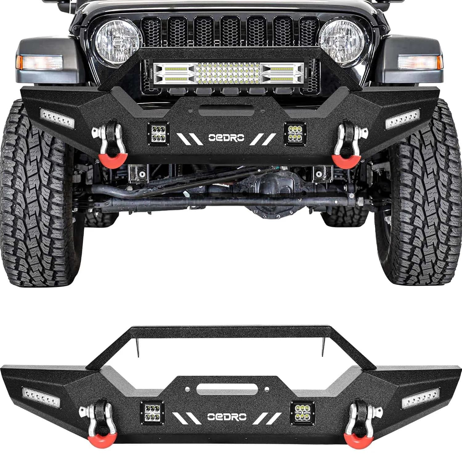 OEDRO Front Bumper for 2018-2026 Jeep Wrangler JL & Unlimited, 2020-2025 Jeep Gladiator with 4 x LED Lights & 2 x D-Rings