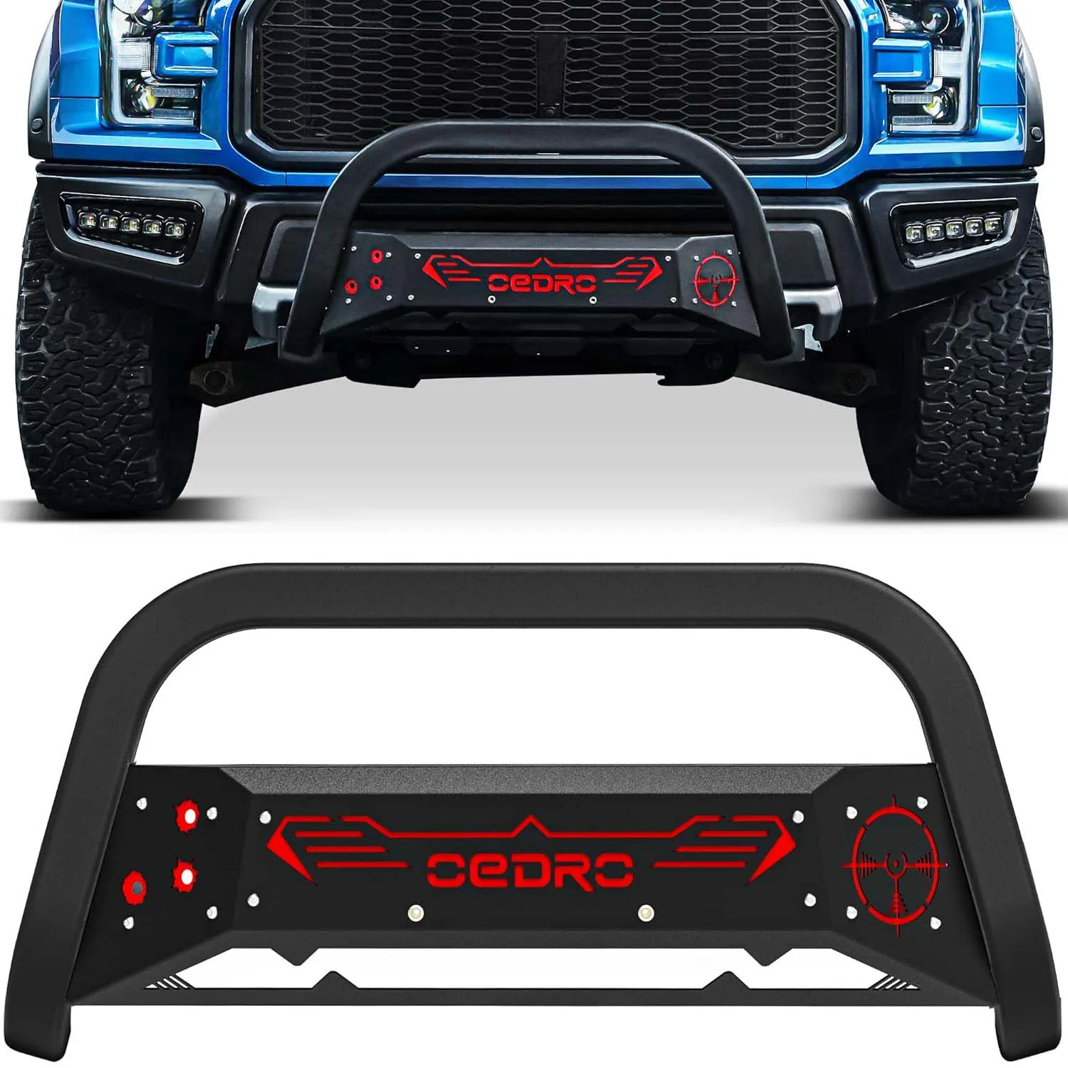 OEDRO® Bull Bar for 2004-2023 Ford F150, Bumper Grille Guard w/Red and Black Skid Plate Light Mount