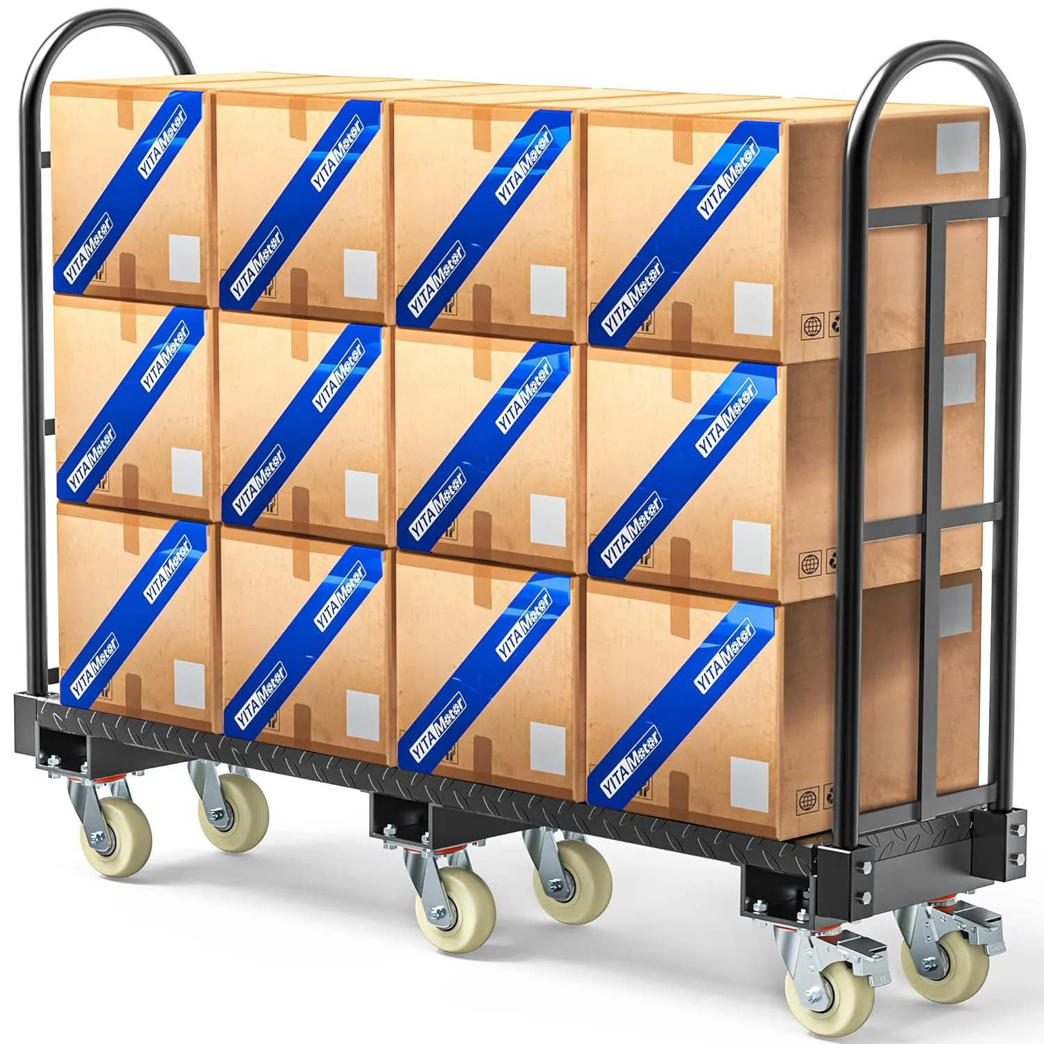 YITAMOTOR Heavy-Duty U-Boat Platform Truck Dolly, 2000 LBS Narrow Aisle Cart with 6 Casters, 2 Swivel Wheels with Brakes, 60.2" x 15.7" x 60.6"