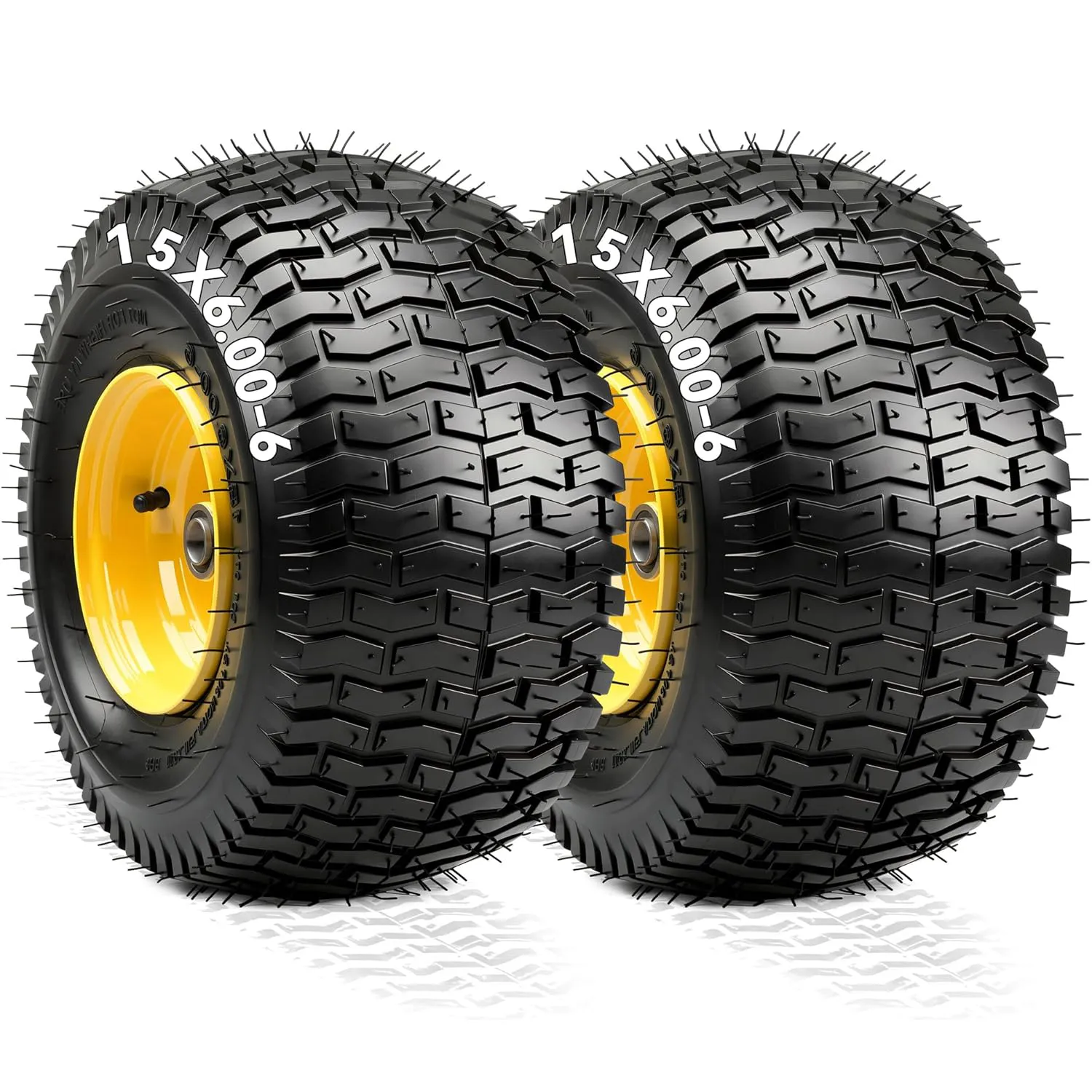 YITAMOTOR 15x6.00-6 Lawn Mower Tires & Wheels, 4 Ply Flat Free Front Tire Assemblies, 3/4" Bearings, 3" Offset Hub, 570 LBS, 2 Pack