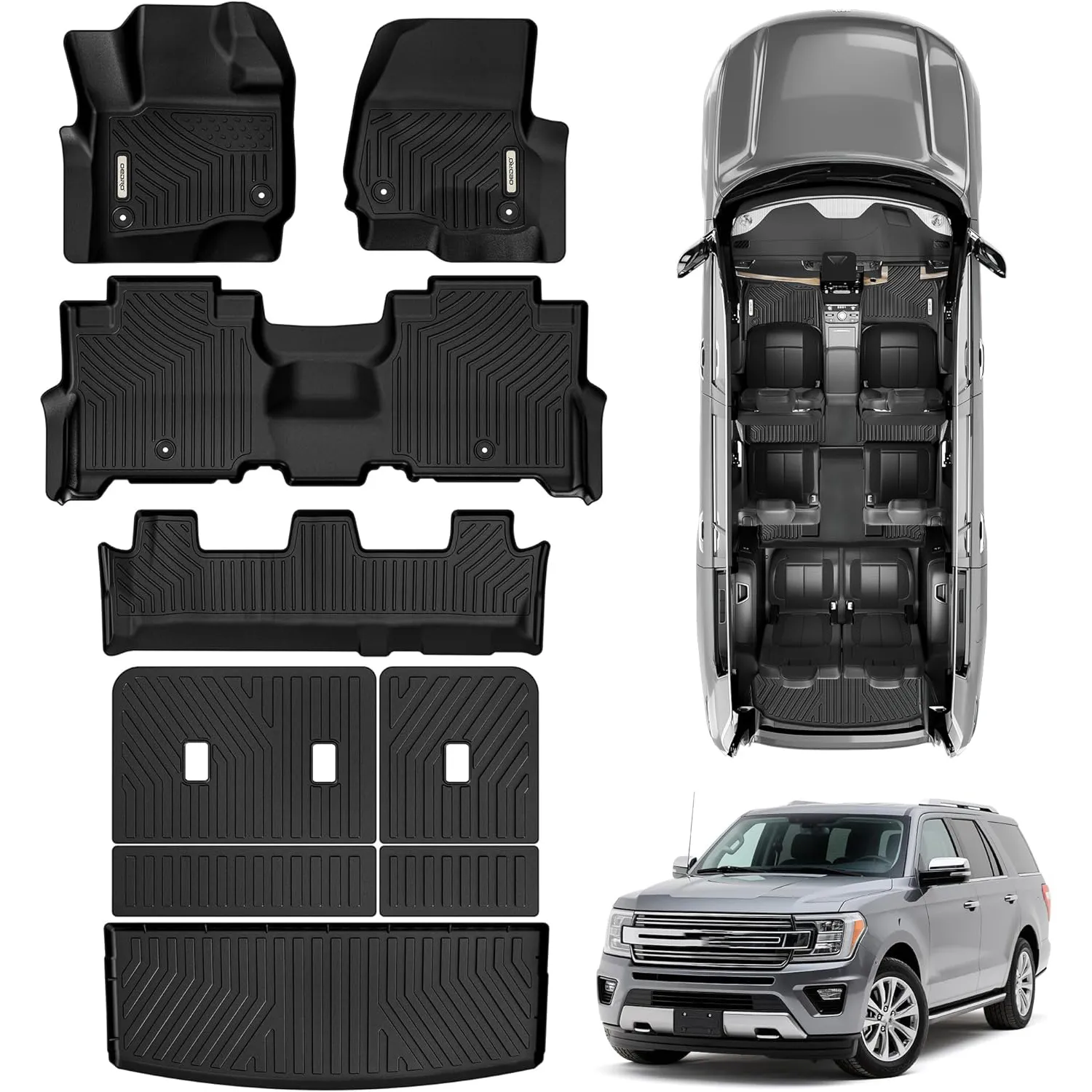 OEDRO Floor Mats Fits for Ford Expedition Bench 2018-2024 8-Seater, Custom Fit TPE All Weather Trunk Mat w/ Backrest  Full Mat Set
