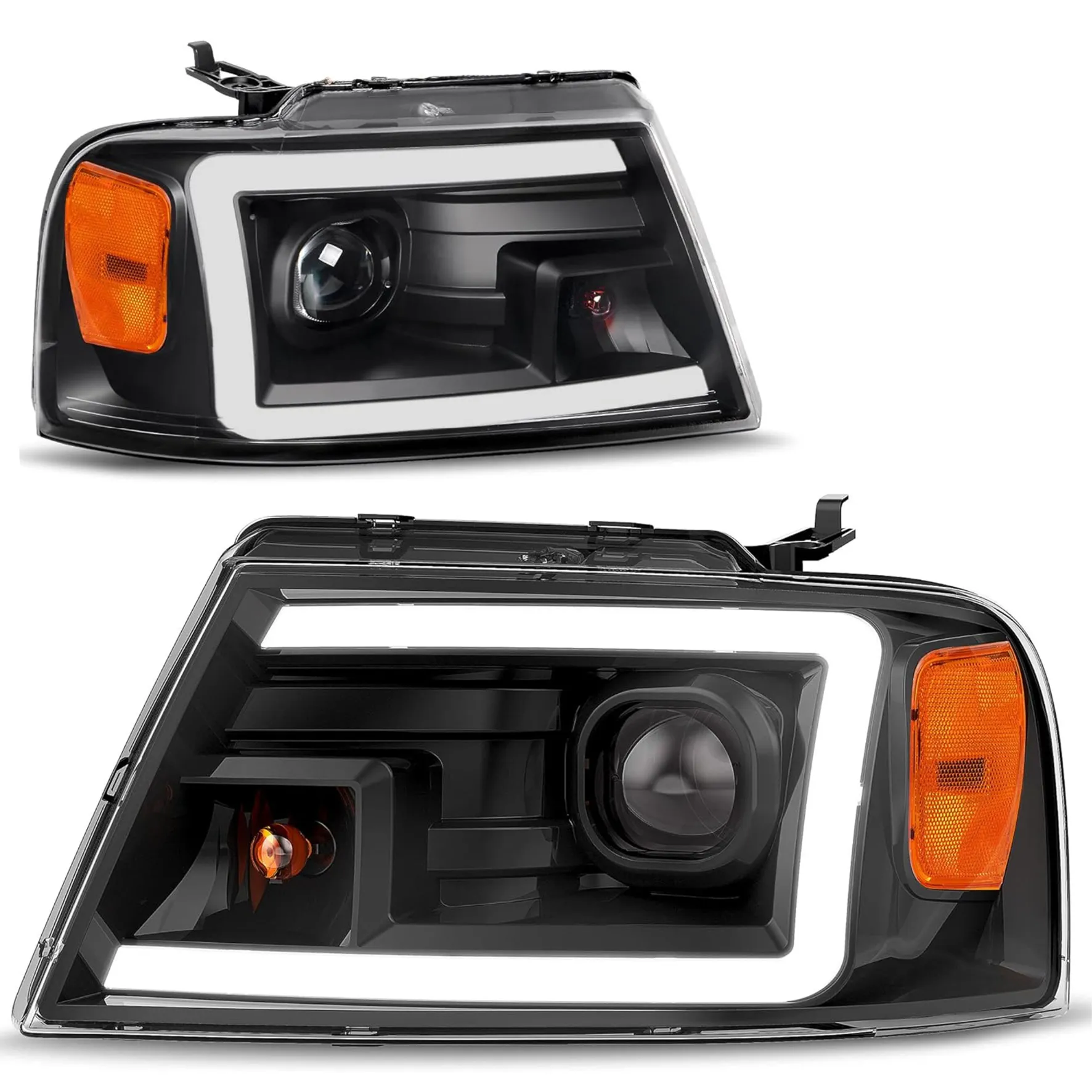 YITAMOTOR® 2004-2008 Ford F150 Pickup Dual Projector Headlights w/LED Tube DRL Headlamps Clear Spotlight Lens