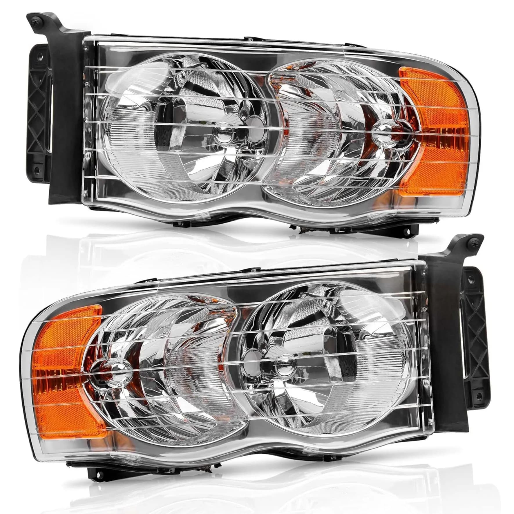 YITAMOTOR® Headlight Assembly 2002-2005 Dodge Ram Pickup Truck Headlamps Chrome Housing with Clear Reflector Lens