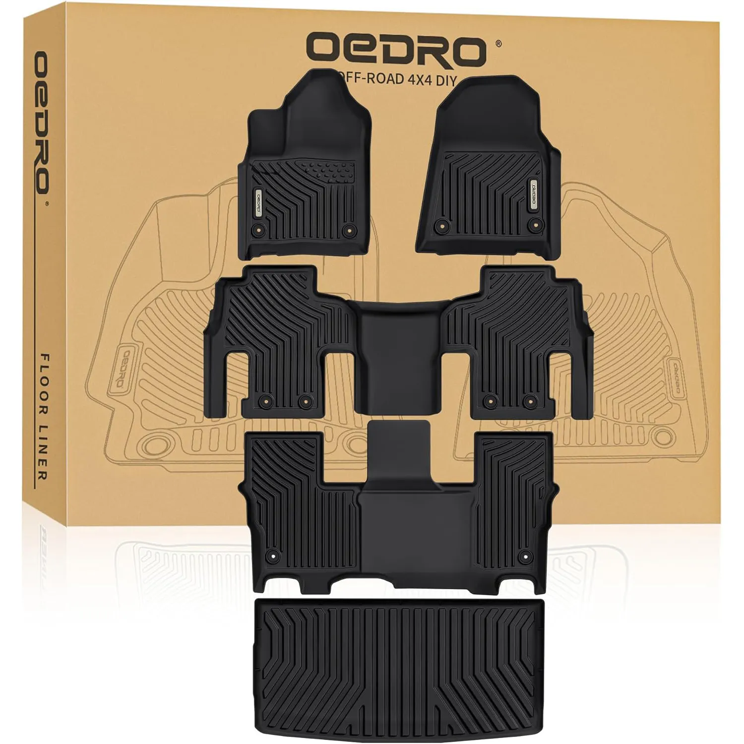 OEDRO® Floor Mats Full Cargo Liners Set Compatible with 2022-2025 Jeep Wagoneer (8 Passenger Model), Custom Fit TPE All-Weather Floor Liners, Black