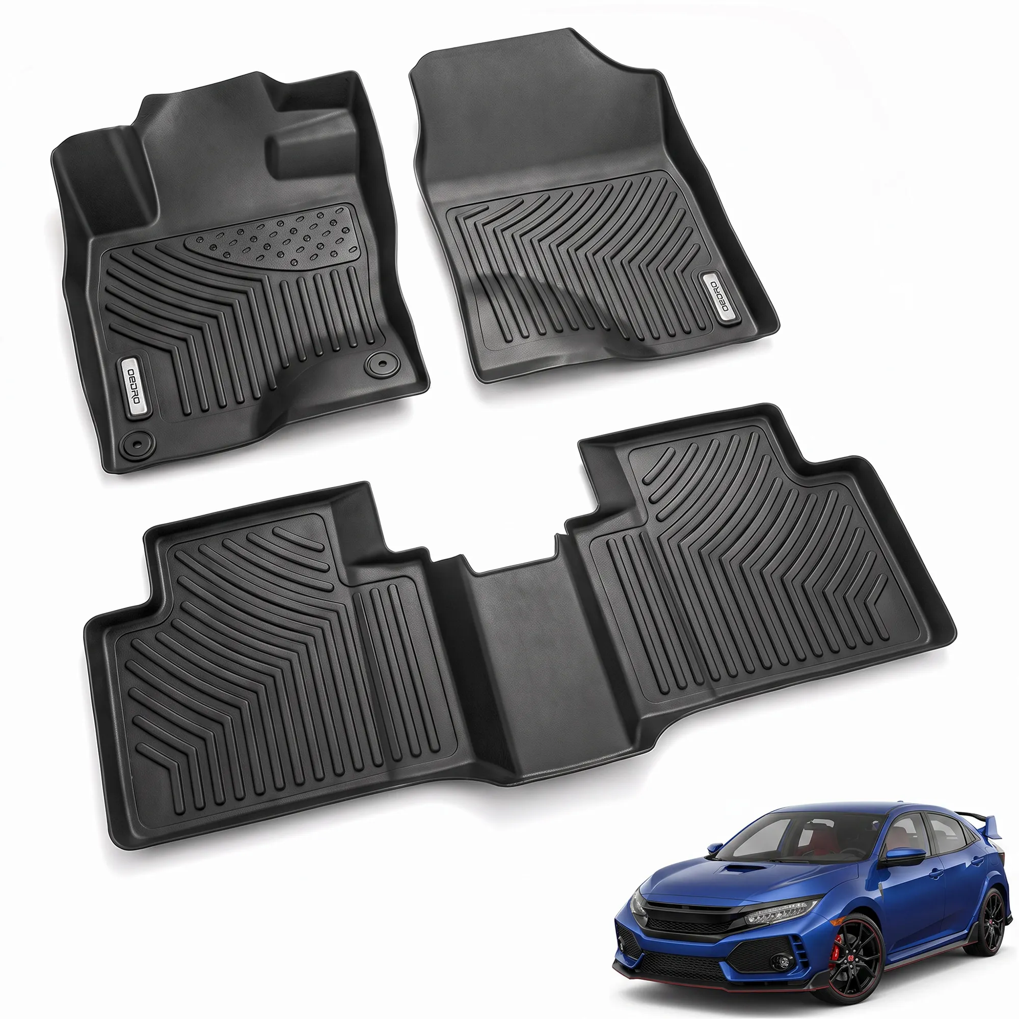OEDRO Floor Mats for 2016-2021 Honda Civic Coupe/ Civic Sedan/ Civic Hatchback/ Civic Type R, Unique Black TPE All-Weather Guard Full Set Liners